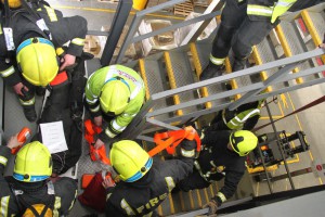 Firefighters working together with other emergency services at a training exercise in Rotherham