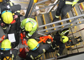 Firefighters working together with other emergency services at a training exercise in Rotherham