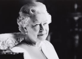 A black and white photo of Queen Elizabeth II, which was published after her death in September 2022.