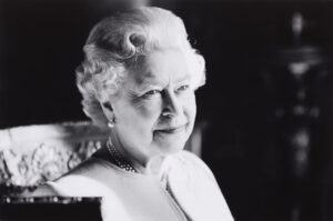 A black and white photo of Queen Elizabeth II, which was published after her death in September 2022.