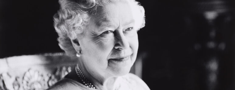 A black and white photo of Queen Elizabeth II, which was published after her death in September 2022.
