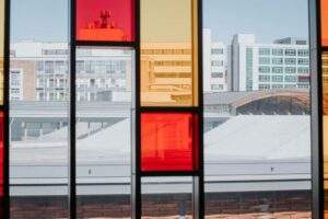 A view of Sheffield through a stained glass window