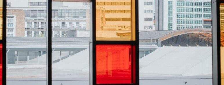 A view of Sheffield through a stained glass window